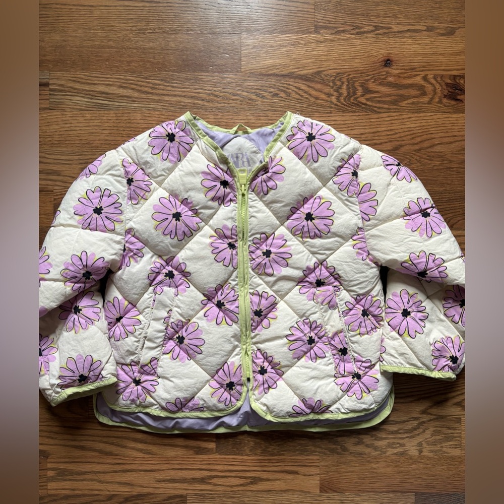 Zara Kids Floral Quilted Jacket - Cream and Purple